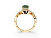 Halo Engagement Ring Setting for Fancy Green Radiant Cut Center with Pave Infinity Twist Band and Prong Head in Yellow Gold