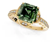 Floral Engagement Ring Setting for Fancy Green Asscher Cut Center with Four Accent Clusters and Prong Head in Yellow Gold