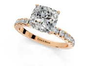 Open Basket Engagement Ring Setting for Cushion Cut Center with Pave Band and Prong Head in Rose Gold