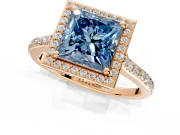Halo Engagement Ring Setting for Fancy Blue Princess Cut Center with Pave Accents, Heart Basket and Prong Head in Rose Gold
