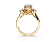 3 Stone Engagement Ring Setting for Heart-Shaped Center with Crossover Basket, Pave Band and Prong Head in Yellow Gold