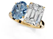 Fancy Blue Oval and Emerald Cut Lab-Grown Diamond Toi et Moi Engagement Ring with Prong-Set Stones in Yellow Gold