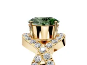 Halo Engagement Ring Setting for Fancy Green Oval Center with Pave Infinity Twist Band and Prong Head in Yellow Gold