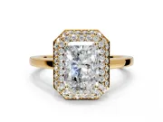 Halo Engagement Ring Setting for Radiant Cut Center with Plain Tapered Band and Prong Head in Yellow Gold