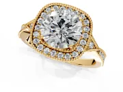 Halo Engagement Ring Setting for Round Cut Center with Milgrain Rim, Pave Band and Prong Head in Yellow Gold
