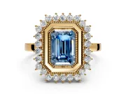 Halo Engagement Ring Setting for Fancy Blue Emerald Cut Center with Milgrain Bezel Rim, Plain Band and Prong Head in Yellow Gold