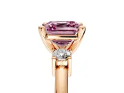 3 Stone Engagement Ring Setting for Fancy Pink Asscher Cut Center with Wide Plain Band and Prong Head in Rose Gold