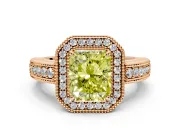 Milgrain Halo Engagement Ring Setting for Fancy Yellow Radiant Cut Center with Pave Band and Prong Head in Rose Gold