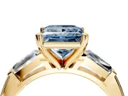 3 Stone Engagement Ring Setting for Fancy Blue Princess Cut Center with Tapered Baguettes, Plain Band and Prong Head in Yellow Gold