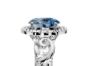 Halo Engagement Ring Setting for Fancy Blue Oval Center with Open Scroll Shoulders and Prong Head in Platinum