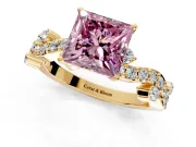 Solitaire Engagement Ring Setting for Fancy Pink Princess Cut Center with Bar-Station Pave Twist and Prong Head in Yellow Gold
