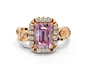 Halo Engagement Ring Setting for Fancy Pink Emerald Cut Center with Open Scroll Shoulders and Prong Head in Rose Gold