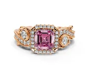 Milgrain Halo Engagement Ring Setting for Fancy Pink Asscher Cut Center with Shoulder Bezels and Prong Head in Rose Gold
