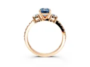 3 Stone Engagement Ring Setting for Fancy Blue Emerald Cut Center with Round Cut Side Accents and Prong Head in Rose Gold
