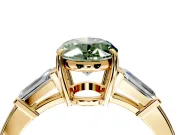 3 Stone Engagement Ring Setting for Fancy Green Oval Center with Baguette Accents and Prong Head in Yellow Gold