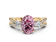 3 Stone Engagement Ring Setting for Fancy Pink Oval Center with Pave Split Shank and Prong Head in Yellow Gold