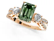 3 Stone Engagement Ring Setting for Fancy Green Emerald Cut Center with Pave Split Shank and Prong Head in Rose Gold
