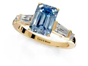 Bar-Set Engagement Ring Setting for Fancy Blue Emerald Cut Center with Tapered Baguette Accents and Prong Head in Yellow Gold
