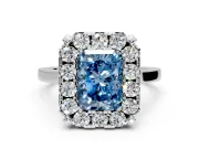 Single Halo Engagement Ring Setting for Fancy Blue Radiant Cut Center with Corner Claws, Plain Band and Prong Head in White Gold