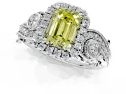 Milgrain Halo Engagement Ring Setting for Fancy Yellow Emerald Cut Center with Shoulder Bezels and Prong Head in Platinum