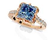 Floral Engagement Ring Setting for Fancy Blue Cushion Cut Center with Pave Band and Floral Prong Head in Rose Gold