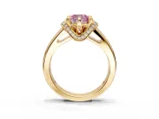 Solitaire Engagement Ring Setting for Fancy Pink Cushion Cut Center with Wide Band, Pave Collar and Prong Head in Yellow Gold