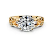 Leaf Engagement Ring Setting for Round Cut Center with Milgrain Accent Band and Prong Head in Yellow Gold