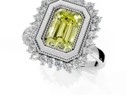 Halo Engagement Ring Setting for Fancy Yellow Emerald Cut Center with Milgrain Bezel Rim, Plain Band and Prong Head in Platinum