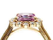 Milgrain Halo Engagement Ring Setting for Fancy Pink Asscher Cut Center with Bezel Point Accents and Prong Head in Yellow Gold