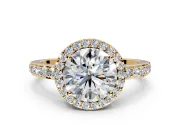 Halo Engagement Ring Setting for Round Cut Center with Heart-Shaped Openwork, Pave Band and Prong Head in Yellow Gold
