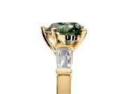 3 Stone Engagement Ring Setting for Fancy Green Heart-Shaped Center with Channel Baguette Accents and Prong Head in Yellow Gold