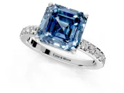 Solitaire Engagement Ring Setting for Fancy Blue Asscher Cut Center with Round Cut Pave Band and Prong Head in Platinum