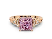 Solitaire Engagement Ring Setting for Fancy Pink Princess Cut Center with Filigree Band and Prong Head in Rose Gold