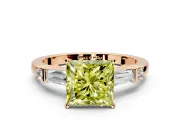 Bar-Set Engagement Ring Setting for Fancy Yellow Princess Cut Center with Tapered Baguette Accents and Prong Head in Rose Gold