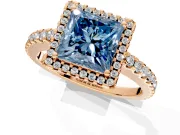 Accent Halo Engagement Ring Setting for Fancy Blue Princess Cut Center with Full-Length Pave Band and Prong Head in Rose Gold