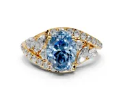 Halo Engagement Ring Setting for Fancy Blue Oval Center with Marquise and Pave Bypass Band and Prong Head in Yellow Gold