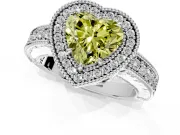 Milgrain Halo Engagement Ring Setting for Fancy Yellow Heart-Shaped Center with Pave Band and Prong Head in Platinum