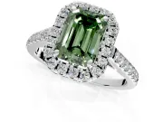 Halo Engagement Ring Setting for Fancy Green Emerald Cut Center with Raised Halo, Pave Band and Prong Head in Platinum