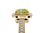 Milgrain Halo Engagement Ring Setting for Fancy Yellow Cushion Cut Center with Three-Sided Pave Band and Prong Head in Yellow Gold