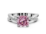Solitaire Engagement Ring Setting for Fancy Pink Cushion Cut Center with Half-Pave Crossover Band and Prong Head in Sterling Silver
