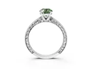 Solitaire Engagement Ring Setting for Fancy Green Oval Center with Engraved Milgrain Band and Prong Head in White Gold