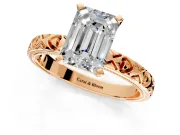 Solitaire Engagement Ring Setting for Emerald Cut Center with XO Engraved Band and Prong Head in Rose Gold