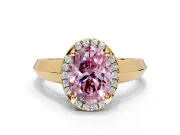 Halo Engagement Ring Setting for Fancy Pink Oval Center with Knife Ridge Cathedral Band and Prong Head in Yellow Gold