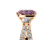 3 Stone Engagement Ring Setting for Fancy Pink Emerald Cut Center with Pave Split Shank and Prong Head in Rose Gold