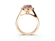 Halo Engagement Ring Setting for Fancy Pink Heart-Shaped Center with Outer Bezel Rim, Pave Band and Prong Head in Rose Gold