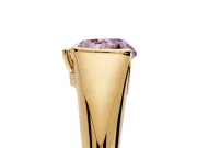 Tension Engagement Ring Setting for Fancy Pink Heart-Shaped Center with Wide Tapered Band and Tension Head in Yellow Gold