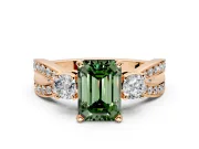 3 Stone Engagement Ring Setting for Fancy Green Emerald Cut Center with Pave Twist Band and Prong Head in Rose Gold