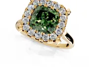 Single Halo Engagement Ring Setting for Fancy Green Cushion Cut Center with Corner Claws, Plain Band and Prong Head in Yellow Gold