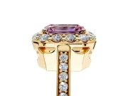 Floral Halo Engagement Ring Setting for Fancy Pink Emerald Cut Center with Large Halo Accents and Prong Head in Yellow Gold