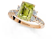 Paired Accent Engagement Ring Setting for Fancy Yellow Emerald Cut Center with Pave Band and Prong Head in Rose Gold